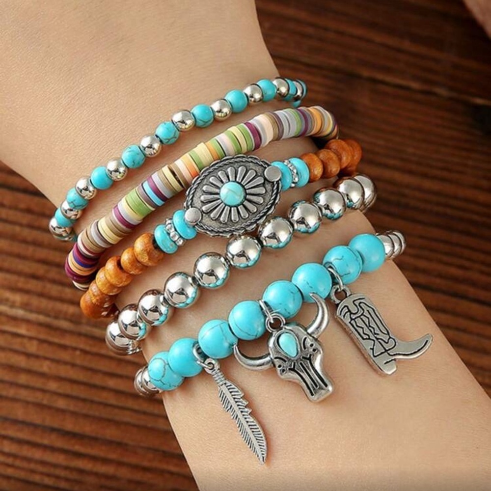 ✨NEW Western Bohemian Turquoise and Silver Beaded Bracelet Set - Picture 2 of 4